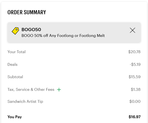 Order summary showing a promotion for 50% off a second footlong, with a discount of $5.19, making the subtotal $15.59 and the total payment $16.97 after taxes and fees.