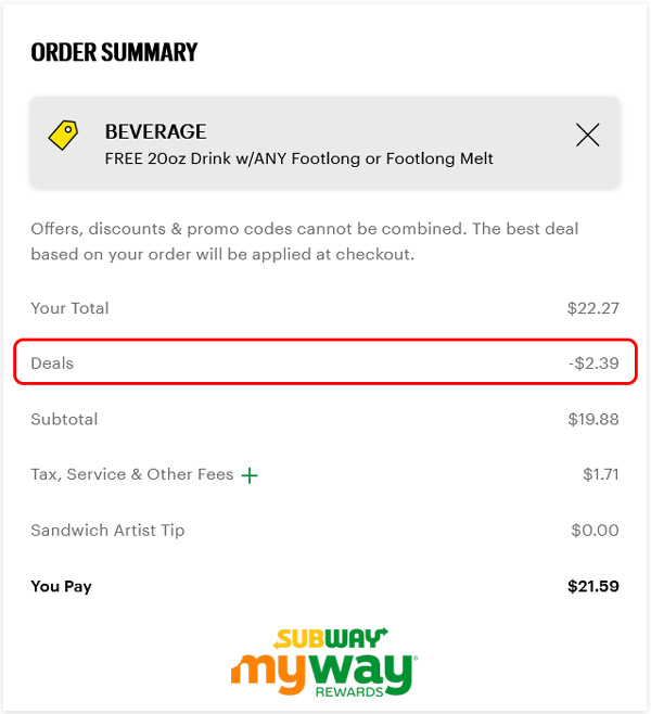 Order summary showing a promo for a free 20oz drink, taking $2.39 off the total, for a final payment of $21.59.