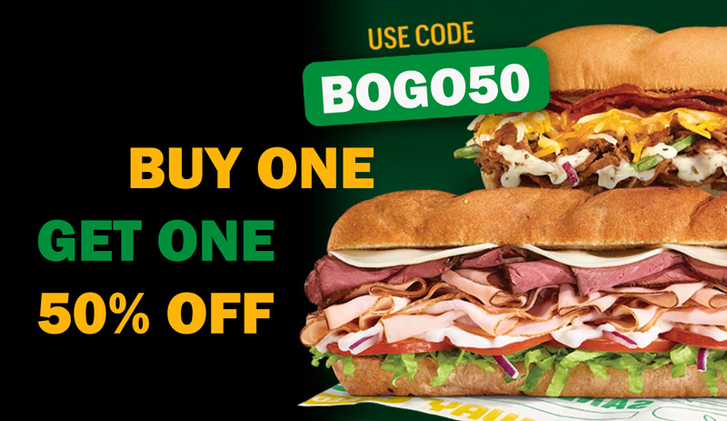 Promotion with the code «BOGO50», displayed above images of two stacked sandwiches