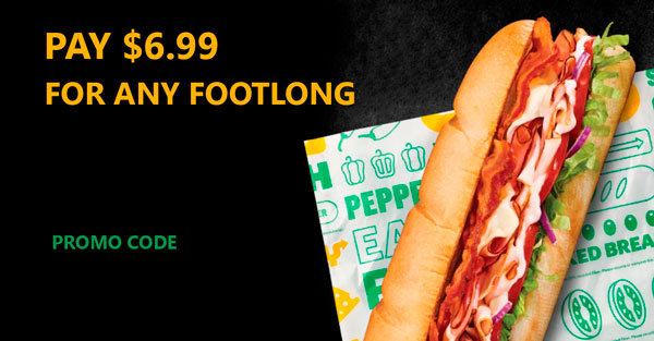 Appetizing footlong sandwich presented on a wrapper in yellow, green and white colors