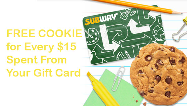 Subway giftcard, a chocolate chip cookie, and yellow pencils on a white background