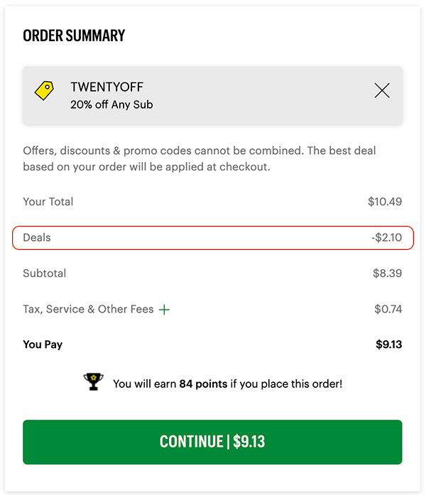 Order summary with a code applied for 20% off, showing a discount of $2.10, with a final payment amount of $9.13