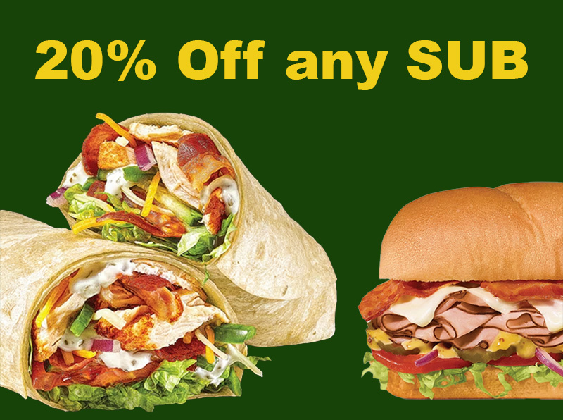 A wrap and a footlong sandwich against a green background with bold yellow text
