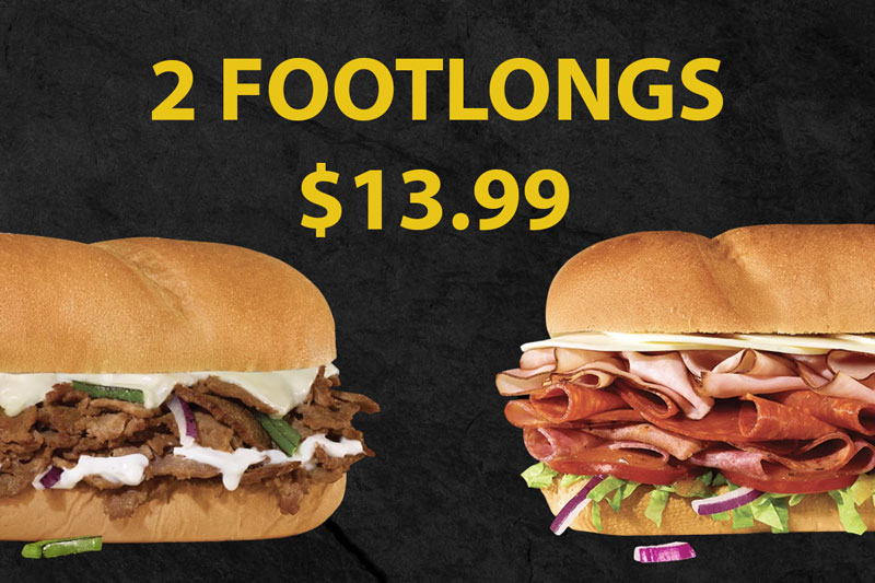 A steak and cheese sub and a deli meat sub for $13.99 on a black backdrop with yellow price text.