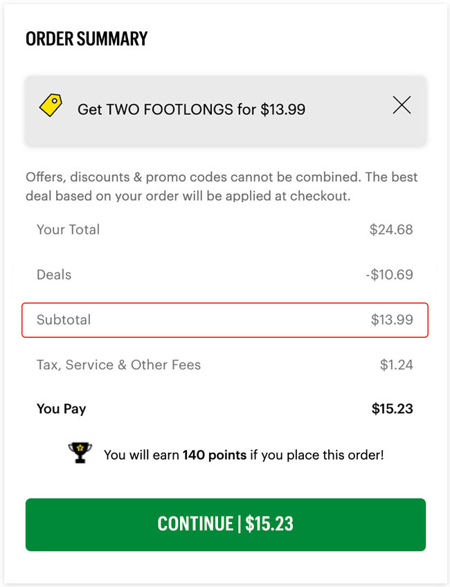 Order summary for two footlong subs at $13.99