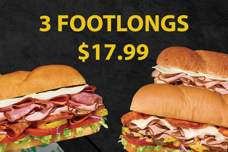 Footlong sandwiches on a dark background with yellow text