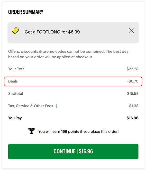 order summary showing a discount of $6.70 applied to the total, leading to a final payment of $16.96.