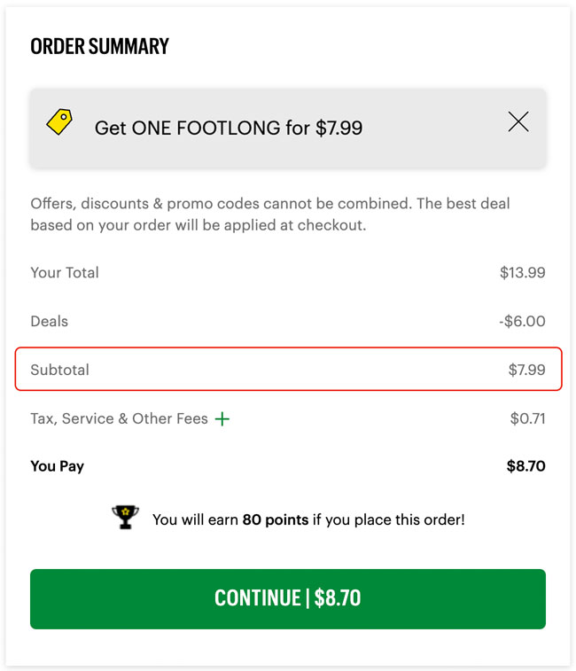 Order summary showing a $7.99 footlong deal