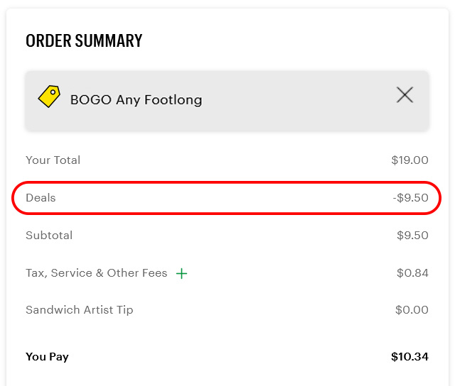 Order summary screen showing a deal with a $9.50 discount from a total of $19.00