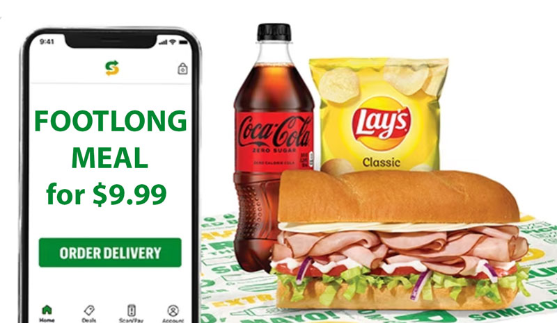 Footlong meal deal shown on a smartphone, with an image of a sandwich, a bottle of Coca-Cola Zero Sugar, and a bag of Lay's Classic chips.