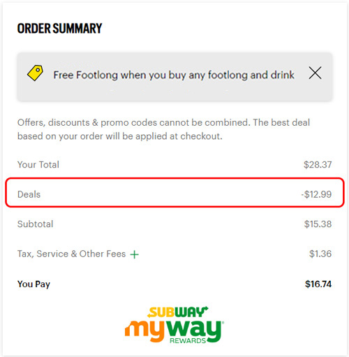 order summary screen showing a deal with a $12.99 discount, resulting in a subtotal of $15.38