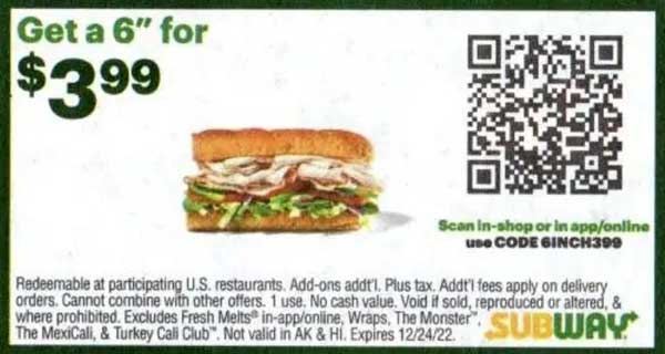 Subway Printable Coupons + QR Codes - Expires 11/26/2023