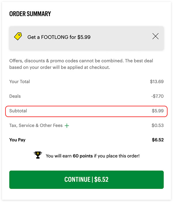 A summary of an order with a discount applied, leading to a final charge of $6.52 after tax and fees